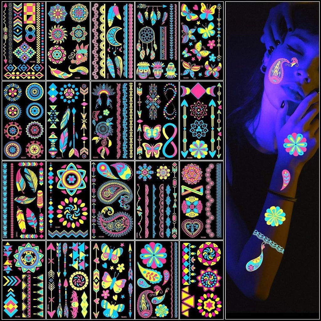 UV Neon Tattoos, 20 Blätter Temporäre Schminke für Produktbild 