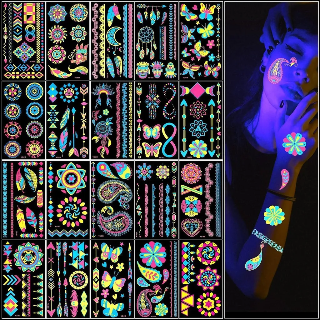 Tatouage Temporaire Néon UV : 20 Planches Waterproof Haute Brillance