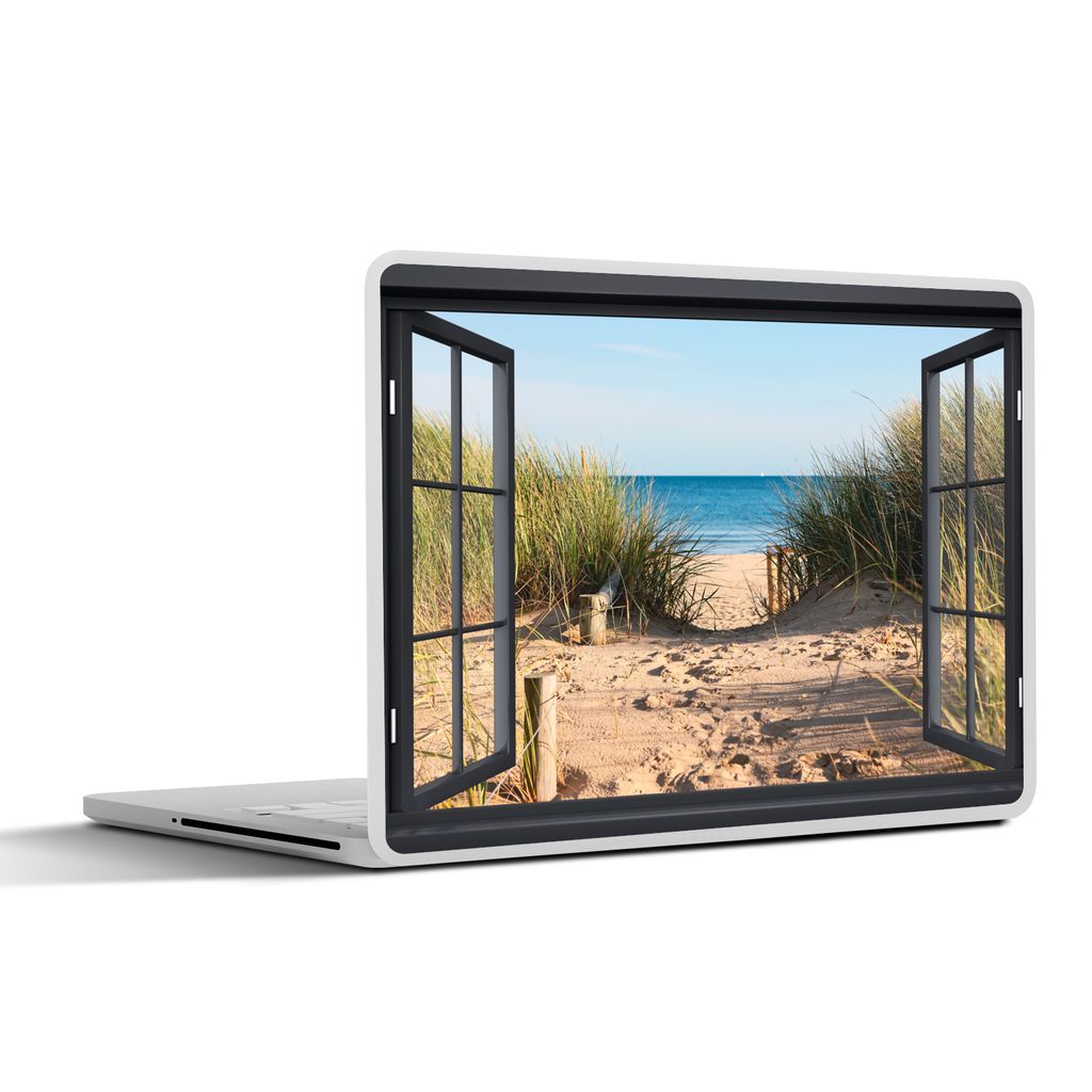 MuchoWow Laptop Aufkleber Sticker Cover Durchblick - Strand - Meer - Sand - Wasser - Strandhafer - Dünen 40x30 cm - Laptop Dekoration - Selbstkl...