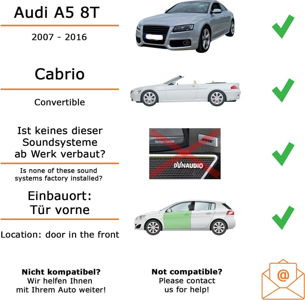 Lautsprecher Boxen Einbaupaket vorne Crunch DSX6.2E passend für Audi A5 8T + Cabrio | Set für zwei Türen