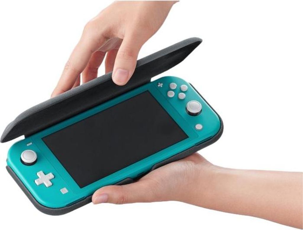 Hands are shown placing a protective cover over a Nintendo Switch Lite.