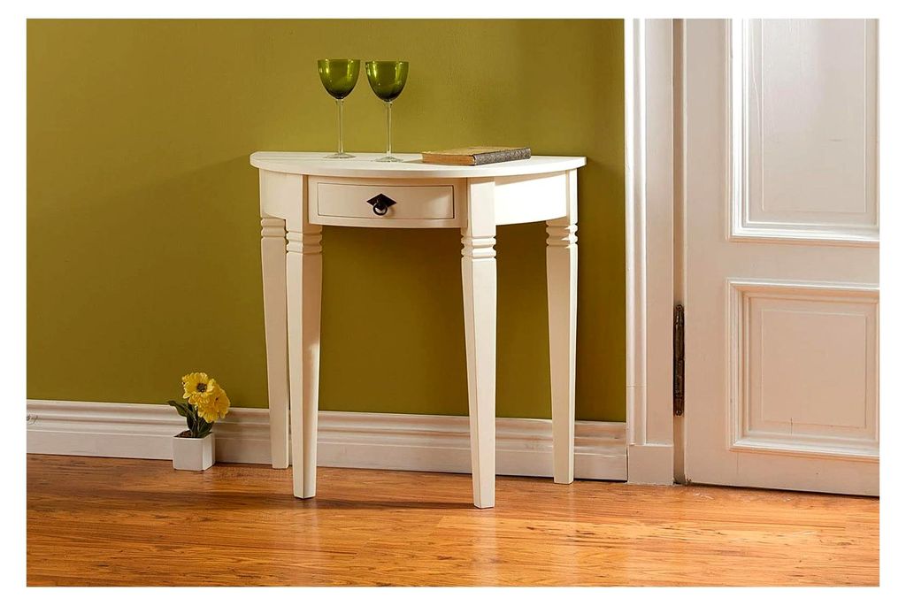 Konsolentisch Catana Holz antik Creme weiß, schmal, Vintage, rustikaler Beistelltisch halbrund mit Schublade, Landhaus Stil