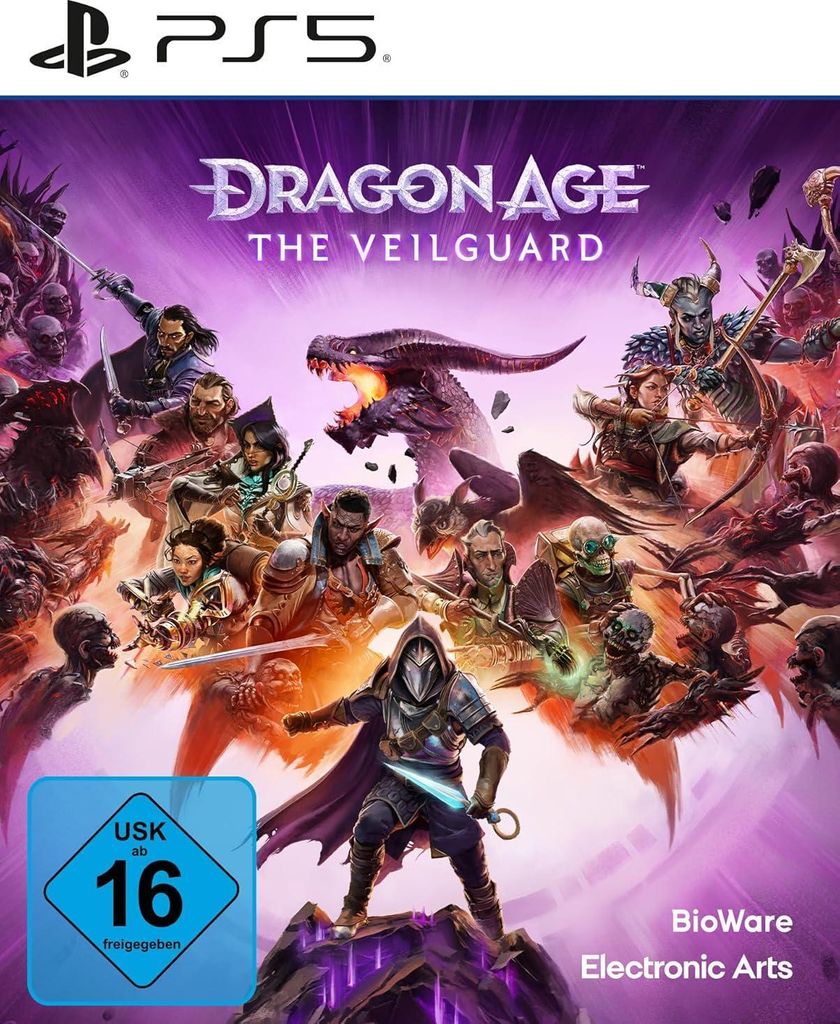 The image is a promotional artwork for the video game Dragon Age: The Veilguard, featuring multiple characters and a dragon against a vibrant, fantastical background. A rating icon is present in the bottom left corner.