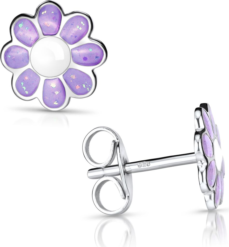 MATERIA Kinder Ohrstecker Blume lila weiß Glitzer 925 Echt Silber Mädchen Ohrringe SO-399-Lila
