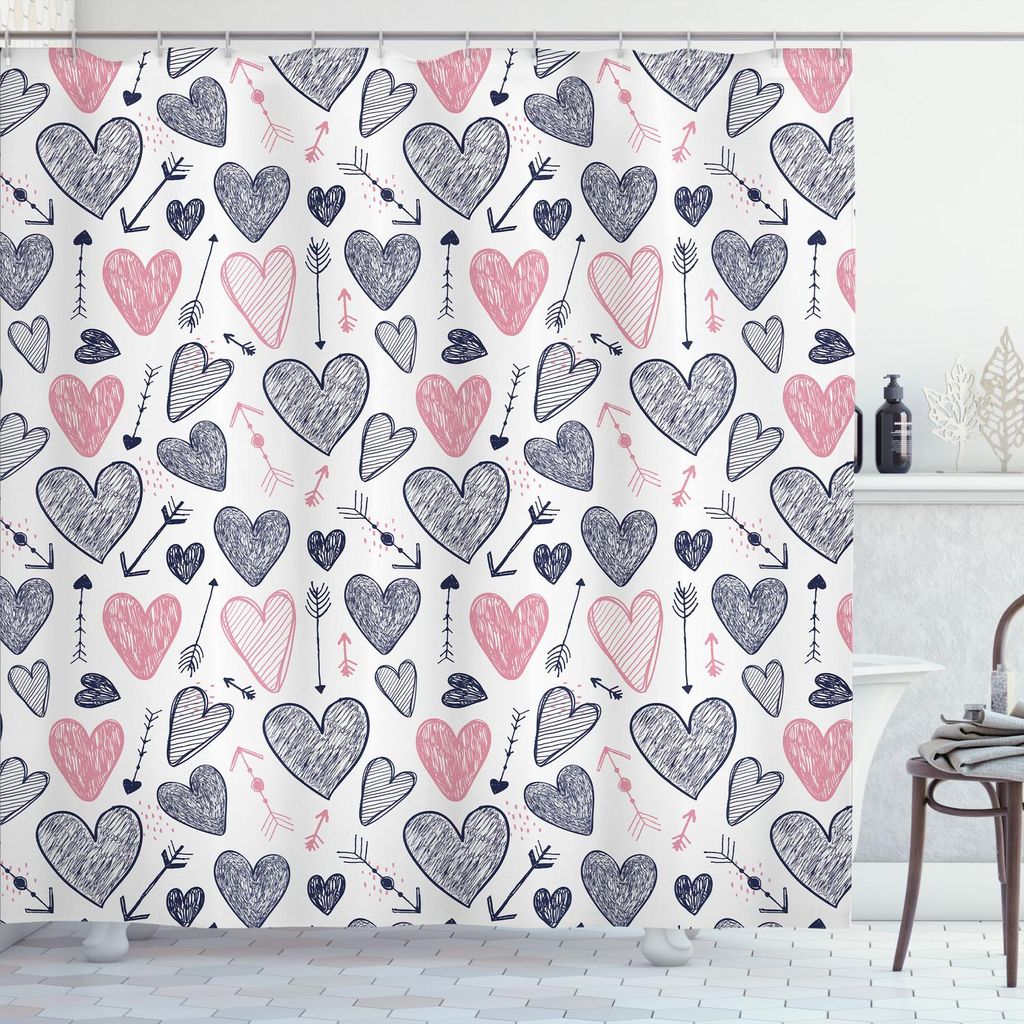 ABAKUHAUS Pfeil Duschvorhang, Doodle Stil Hand gezeichnet Herzen und Pfeile Scribbling for Fun, 175 x 180 cm, Blaugrau Rosa