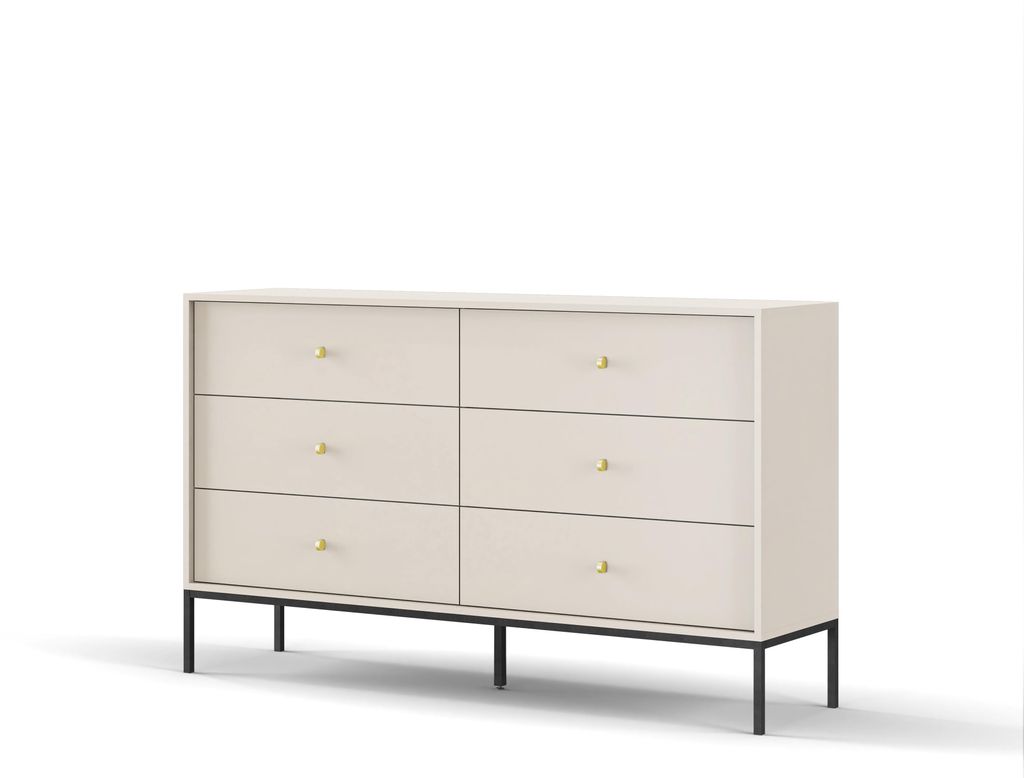 Kommode mit sechs Schubladen, Beige, schwarze Griffe, 154 x 39 x 83 cm