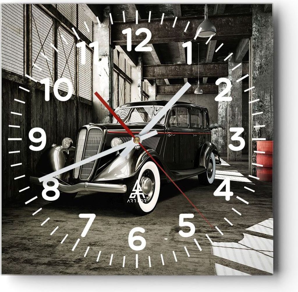 Wanduhr - Quadrat - Glasuhr - Auto klassisch auto modell - 40x40cm - Schleichendes Uhrwerk - Lautlos - zum Aufhängen bereit - Dekoration Modern - ...