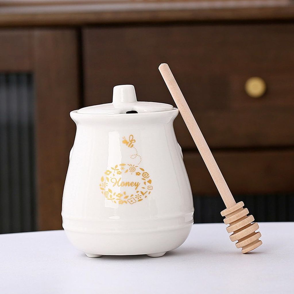 300ml Keramik Honigglas mit Deckel Honigglas mit Holz Honigschaufel, Honigglas Set, Haus und Küche für Honig Lagerung (Weiß)