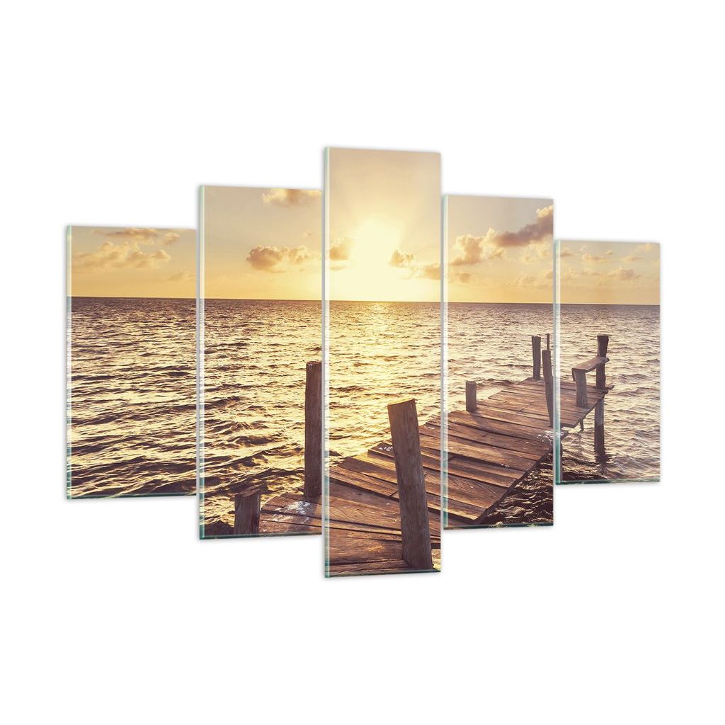 Bilder auf glas - 5 Teile - Brücke Sonne Ozean - 150x100cm - Glasbilder - Wandbilder - Bilder - zum Aufhängen bereit - Wanddekoration aus Glas - ...