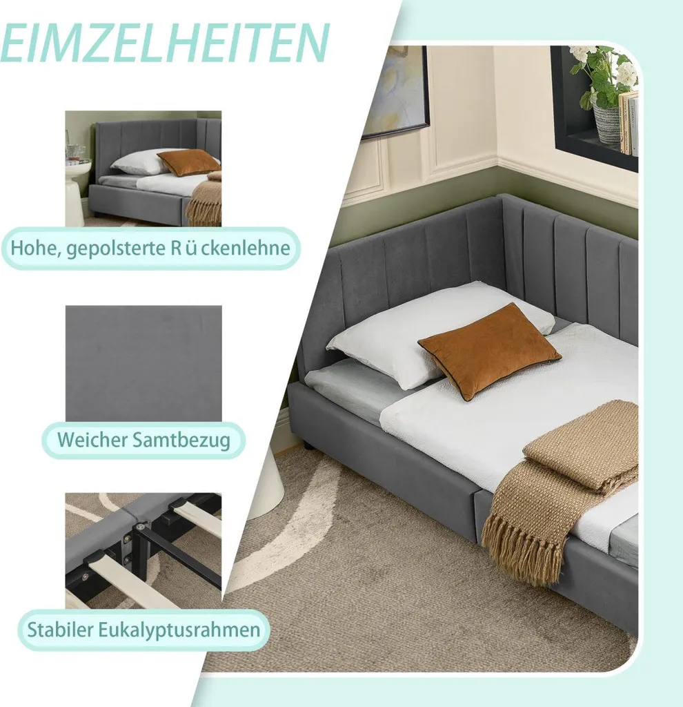 Lit simple robuste 90x200 cm en velours gris pour un sommeil sans bruit