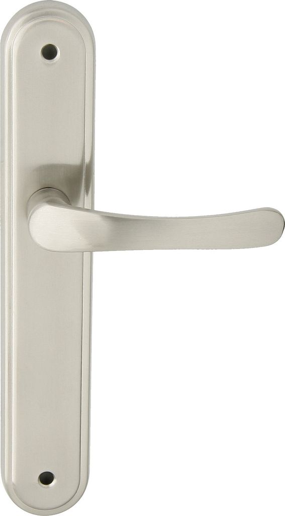A silver door handle with a long plate is shown against a white background.