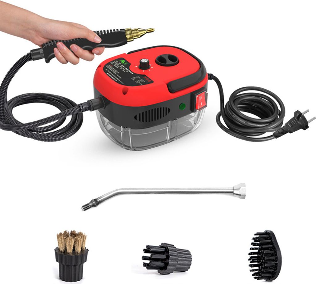 A handheld steam cleaner with accessories, displayed on a white background. A hand is holding the steam nozzle.