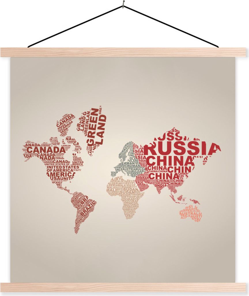 MuchoWow Textilposter Weltkarte - Farben - Buchstaben 40x40 cm mit holzfarbenen Rahmen - Posterleiste