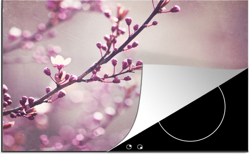 KitchenYeah Herdabdeckplatte Nahaufnahme der violetten Blüten einer Sakura , 81x52cm, Küche Deko, Glaskeramikfeld Herdabdeckung, Abdeckplatte f...