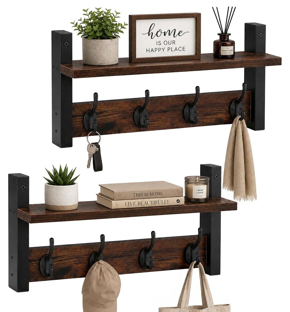 Relaxdays Wandgarderobe, set van 2, met 4 dubbele haken, Productafbeelding 