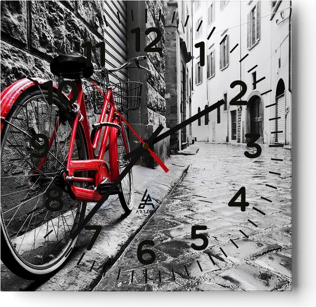 Wanduhr - Quadrat - Glasuhr - Straße Fahrrad Kopfsteinpflaster Gebäude - 40x40cm - Schleichendes Uhrwerk - Lautlos - zum Aufhängen bereit - Deko...