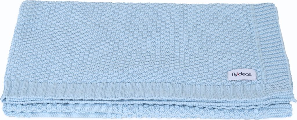 FlyIdeas Babydecke aus 100% Baumwolle Premium Strickdecke 90x70 cm | Samt Weich & Atmungsaktiv - Ideal als Kinderwagendecke, Puckdecke Arctic Sky Blue