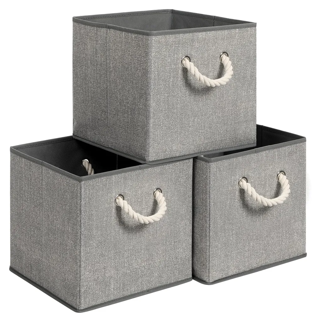 Lot 3 Boîtes Rangement Etagère 30x30cm, Tissu Lin, Pliable avec Poignée
