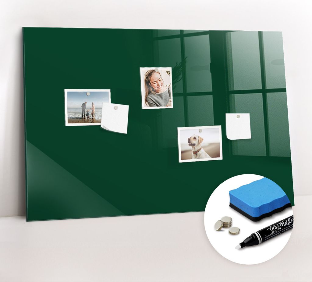 Magnetpinnwand Memoboard - Zubehörsatz - Weißer Marker + Schwamm + Magnete - 90 x 60 cm - Farbe flaschengrün