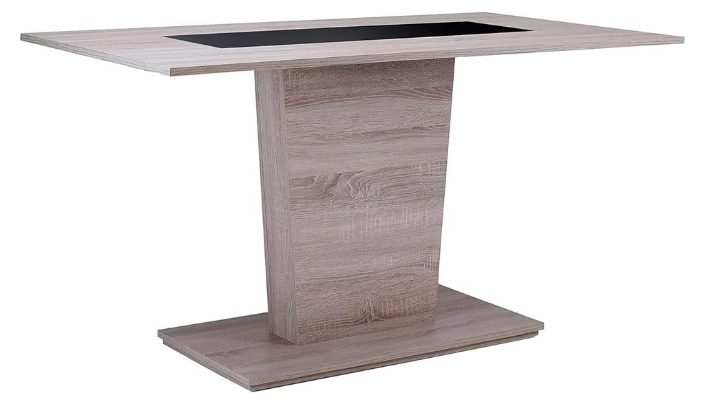 Esszimmertisch in Eiche-Optik mit wendbarer Einlage in schwarz oder weiß / Kleiner Esstisch mit Säulenfuß / 110 x 75 x 70 cm (BxHxT)