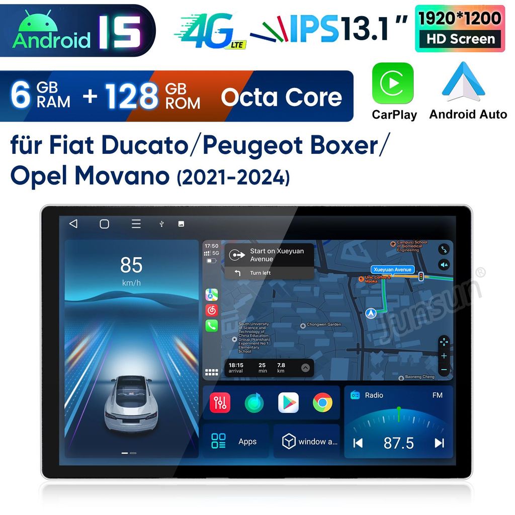 13.1" Carplay Android 15 Autoradio Für Fiat Ducato Peugeot Boxer Opel Movano 2021-2024 GPS Navi WIFI 4G BT DAB+ SWC USB DSP 6+128G 8-Kern