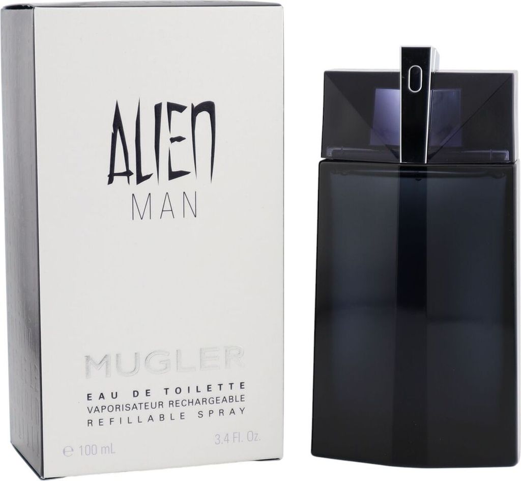 Mugler Alien Man Eau de Toilette 100 ml mit kantigem, dunkelviolettem Flakon neben eleganter, weißer Verpackung mit schwarzem Logo-Schriftzug.