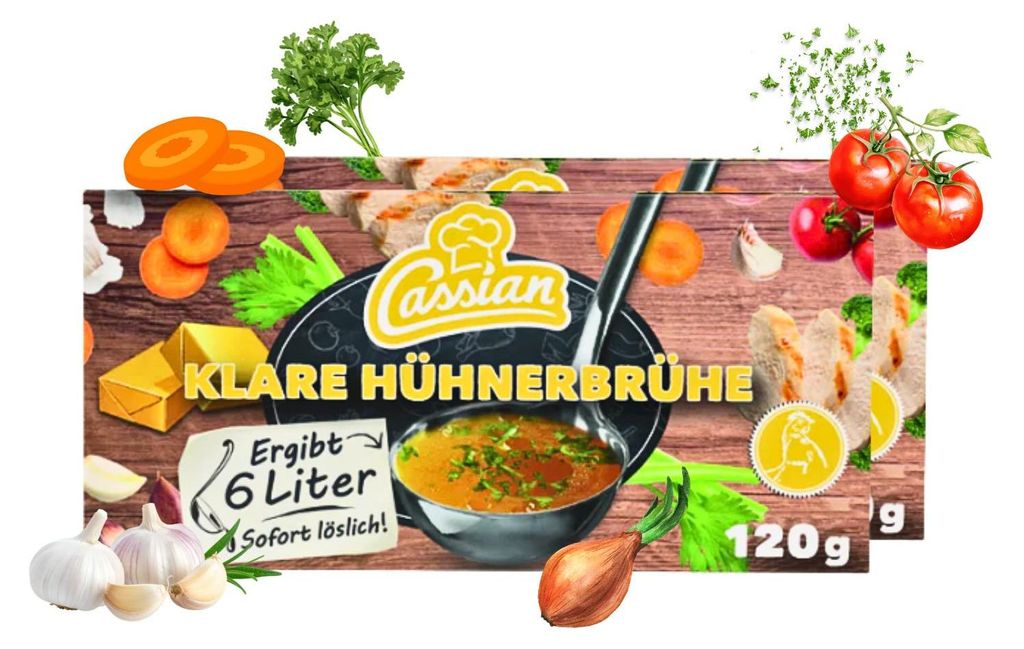 CASSIAN Brühwürfel Hühnerbrühe 120g für 12 x 0,5l - Ergibt 6 Liter Sofort Löslich