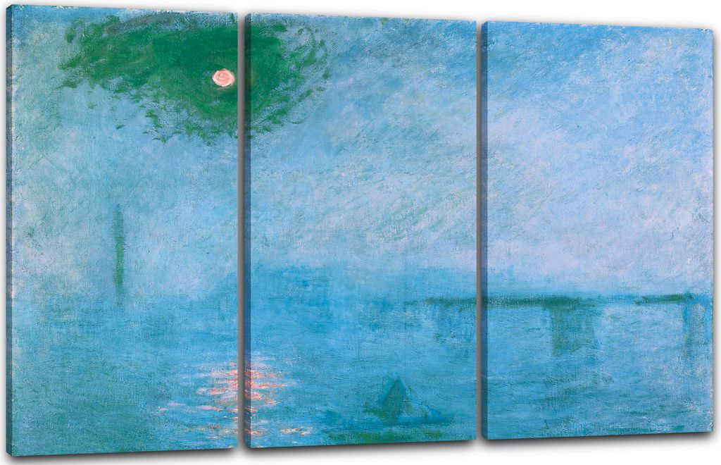 Leinwandbild 3-teilig (120x80cm): Claude Monet - Le Soleil sur la Tamise à Londres, brouillard, echter Holz-Keilrahmen inkl. Aufhänger, handgefer...