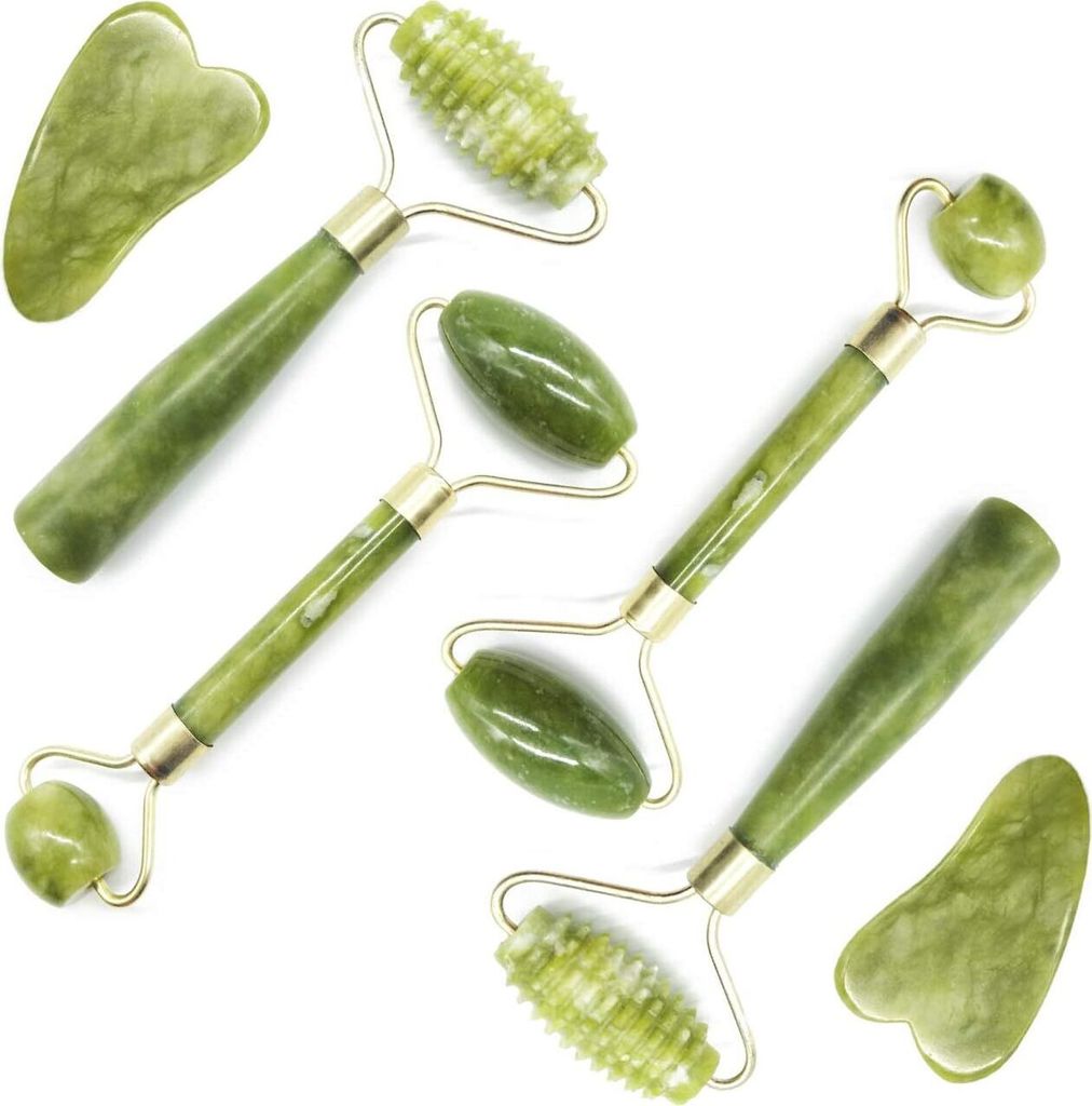 6-teiliges Massagewerkzeug-Set, 4-teiliges Jade-Roller-Set für das Gesicht, geriffelte Roller, Hautroller mit 2 Schabe-Massagewerkzeugen, Anti-Agi...