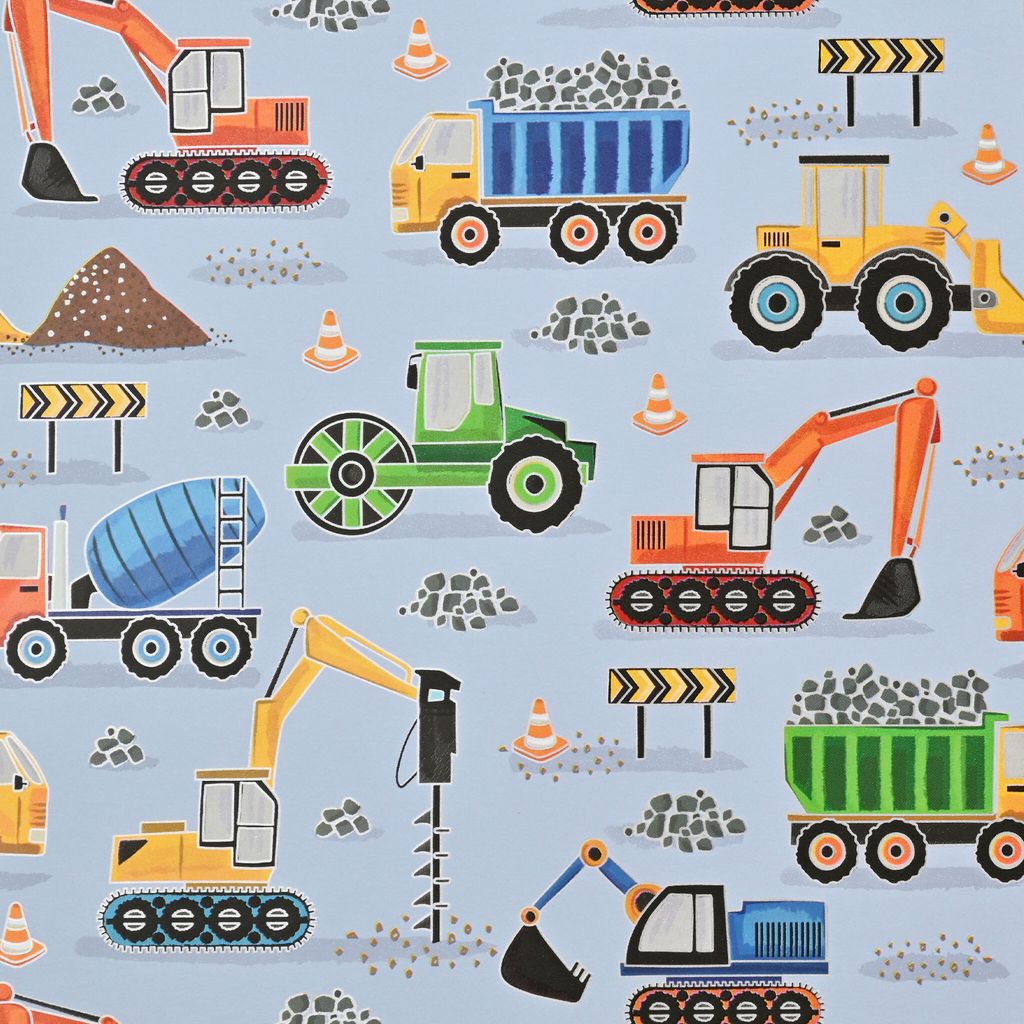 Geschenkpapier Baustelle 70cm x 2m Rolle mit Bagger & Produktbild 