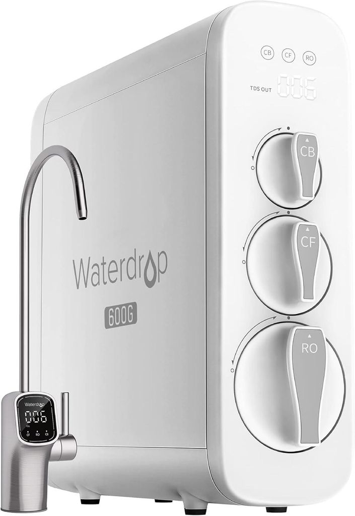 A white under-sink water filtration system with a silver faucet.