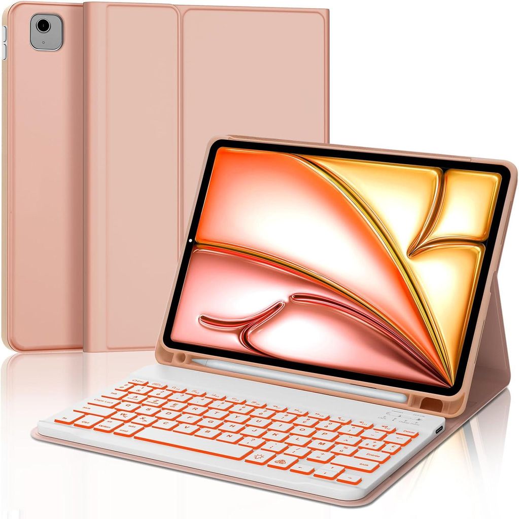Hülle mit Tastatur für iPad Air 11 Bluetooth AZERTY Beleuchtet Rosa FR