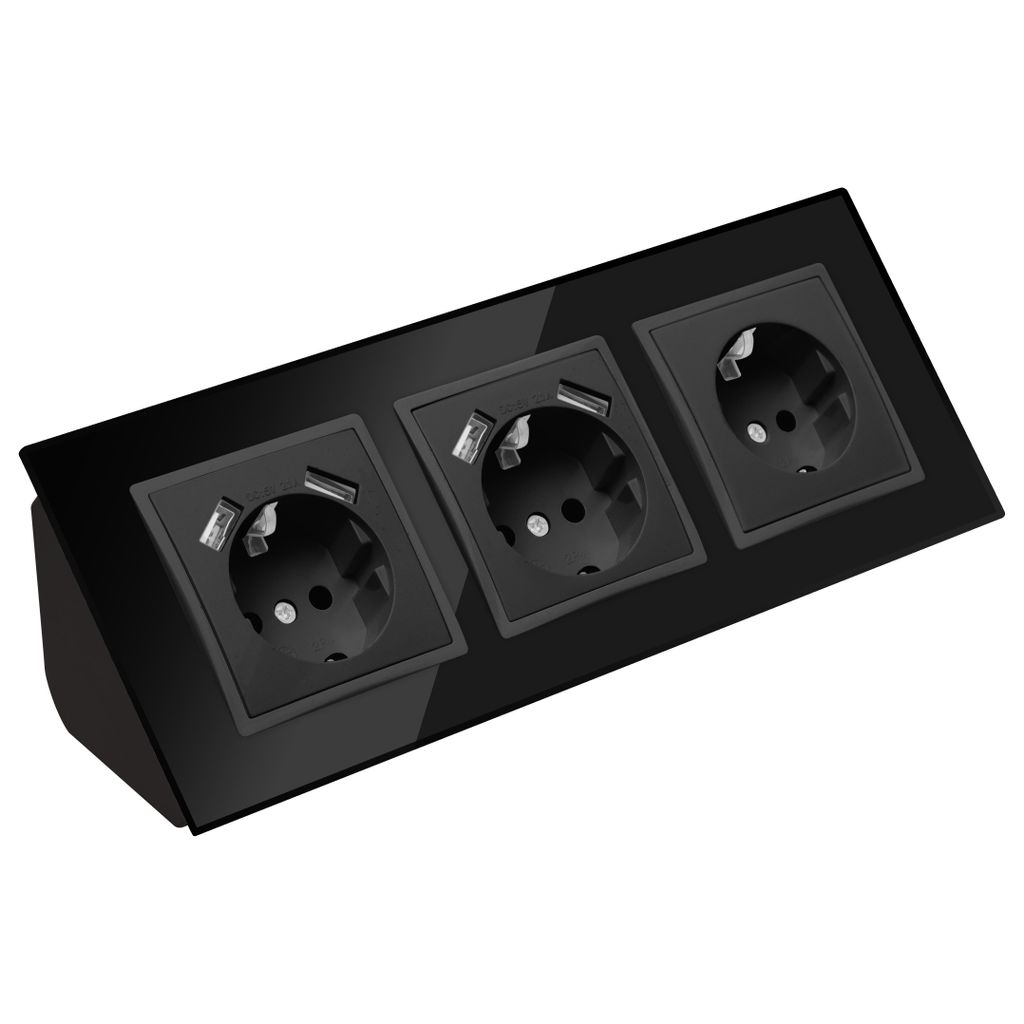 Glas Ecksteckdose 3-fach Steckdose mit USB und Schuko Produktbild 