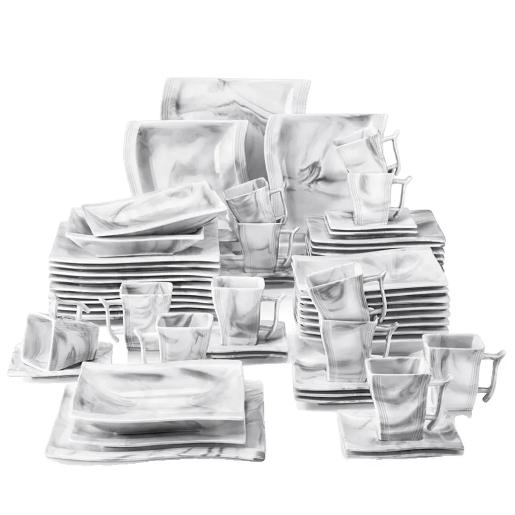 Service de vaisselle en porcelaine marbrée 60 pièces pour 12 personnes
