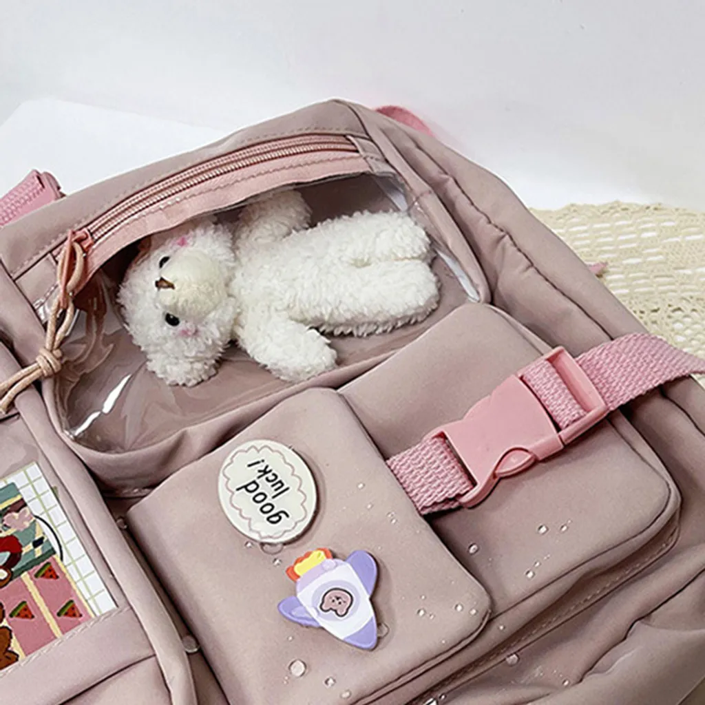 Zaino Kawaii Con Ciondolo Orso Per Ragazze - Nylon Impermeabile, Grande Capacità, Multi-tasca, Per Scuola E Viaggi