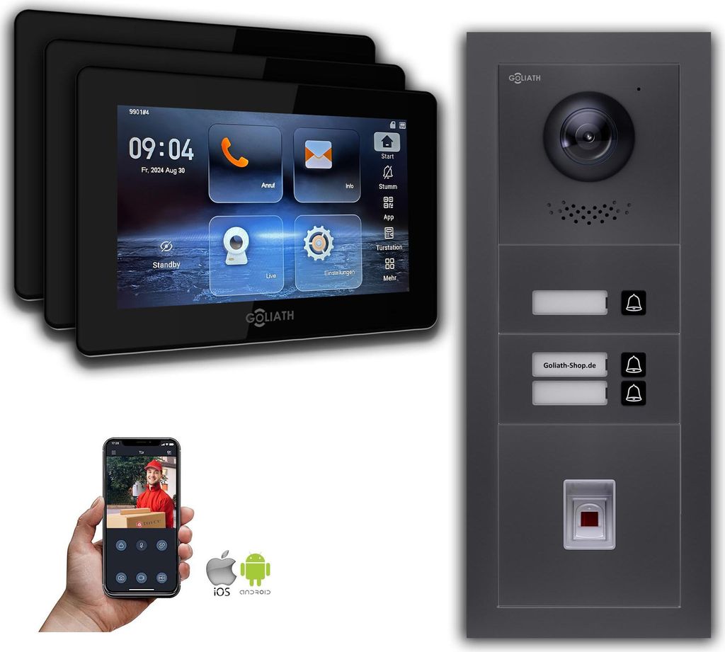 Goliath 2-Draht BUS Video Türsprechanlage: 3 Familienhaus, Fingerprint, Anthrazit : Unterputzdose : 7 Zoll in Schwarz Monitor Auswahl: 7 Zoll in S...