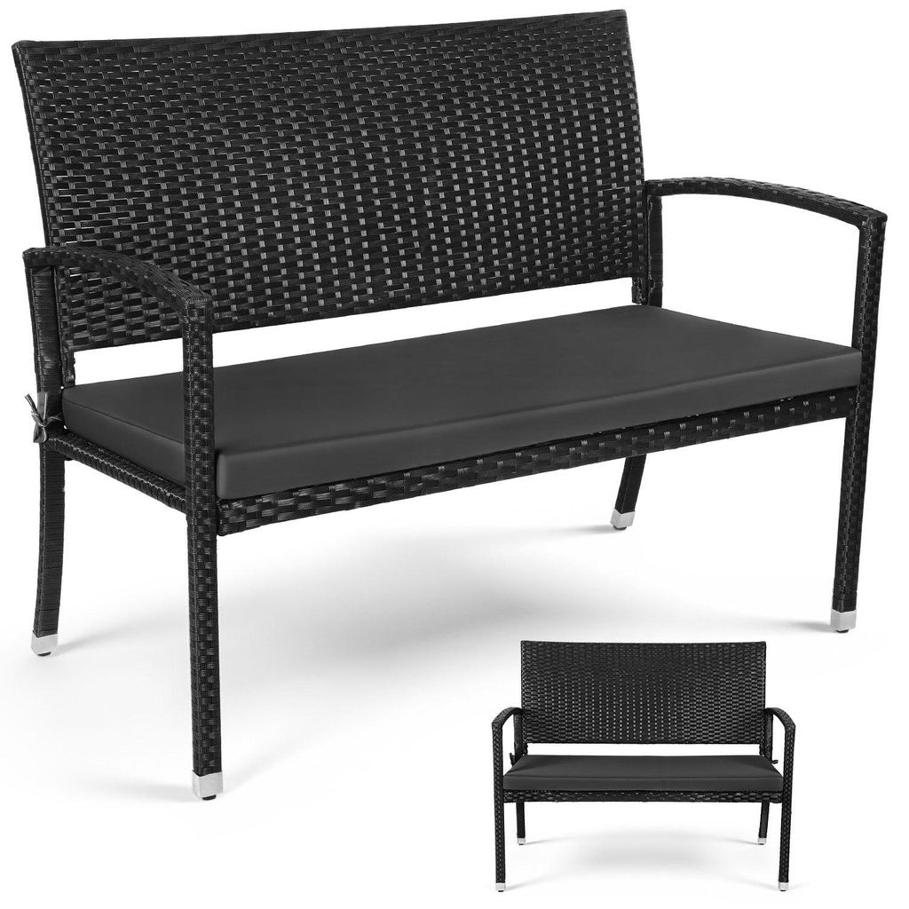 Peviasot 2-Sitzer Gartenbank Polyrattan Schwarz mit Sitzkissen, Balkonbank Outdoor für Garten Terrasse