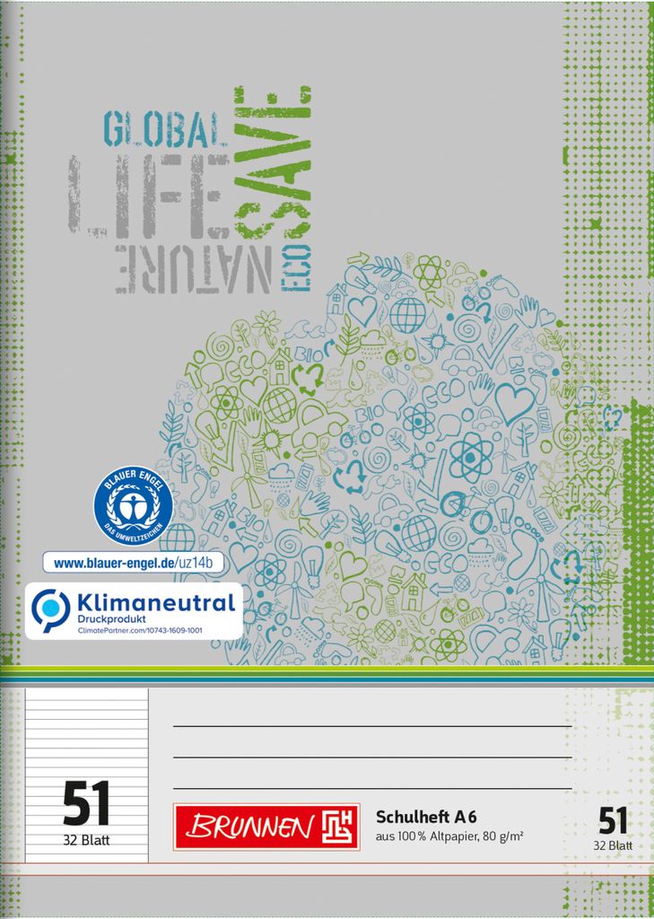 Brunnen Schulheft Recycling A6 liniert, Lin. 51, 32 Blatt