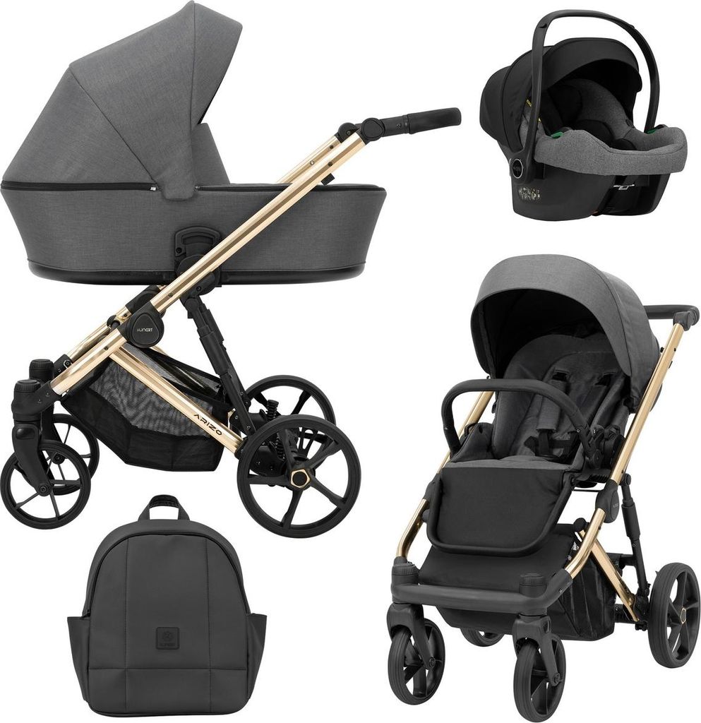 Kunert ARIZO PREMIUM 3in1 Kinderwagen in Anthrazit mit goldenem Gestell