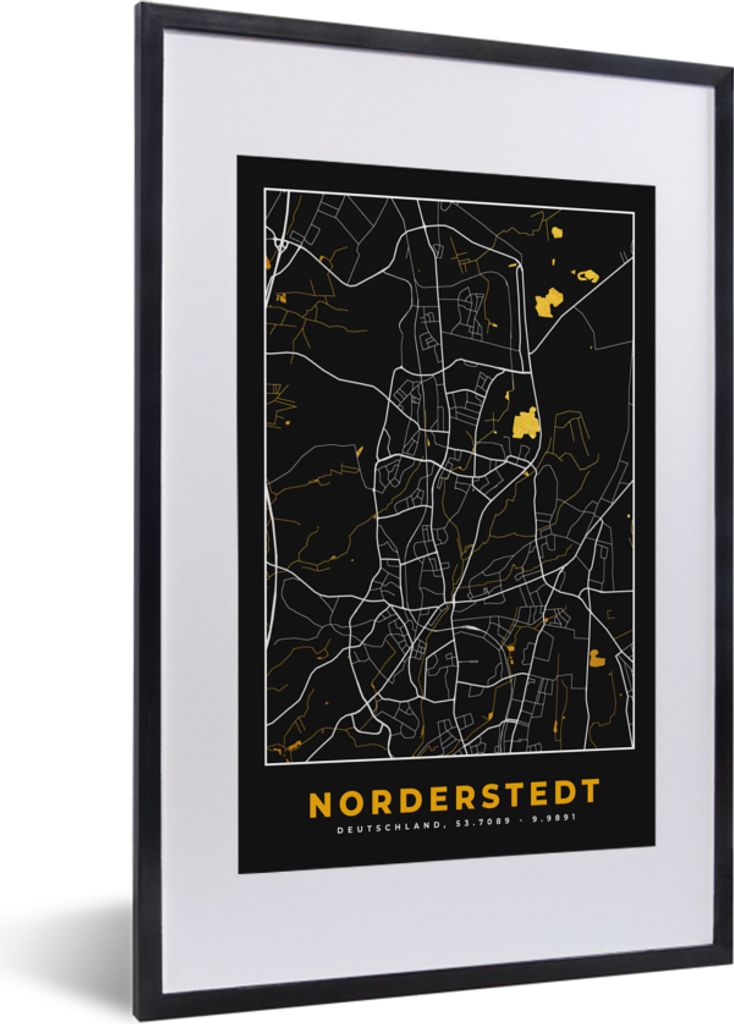 MuchoWow Gerahmtes Poster Karte - Norderstedt - Gold - Stadtplan - Deutschland 40x60 cm - Poster mit Schwarzem Bilderrahmen Wandposter Rahmen Fot...