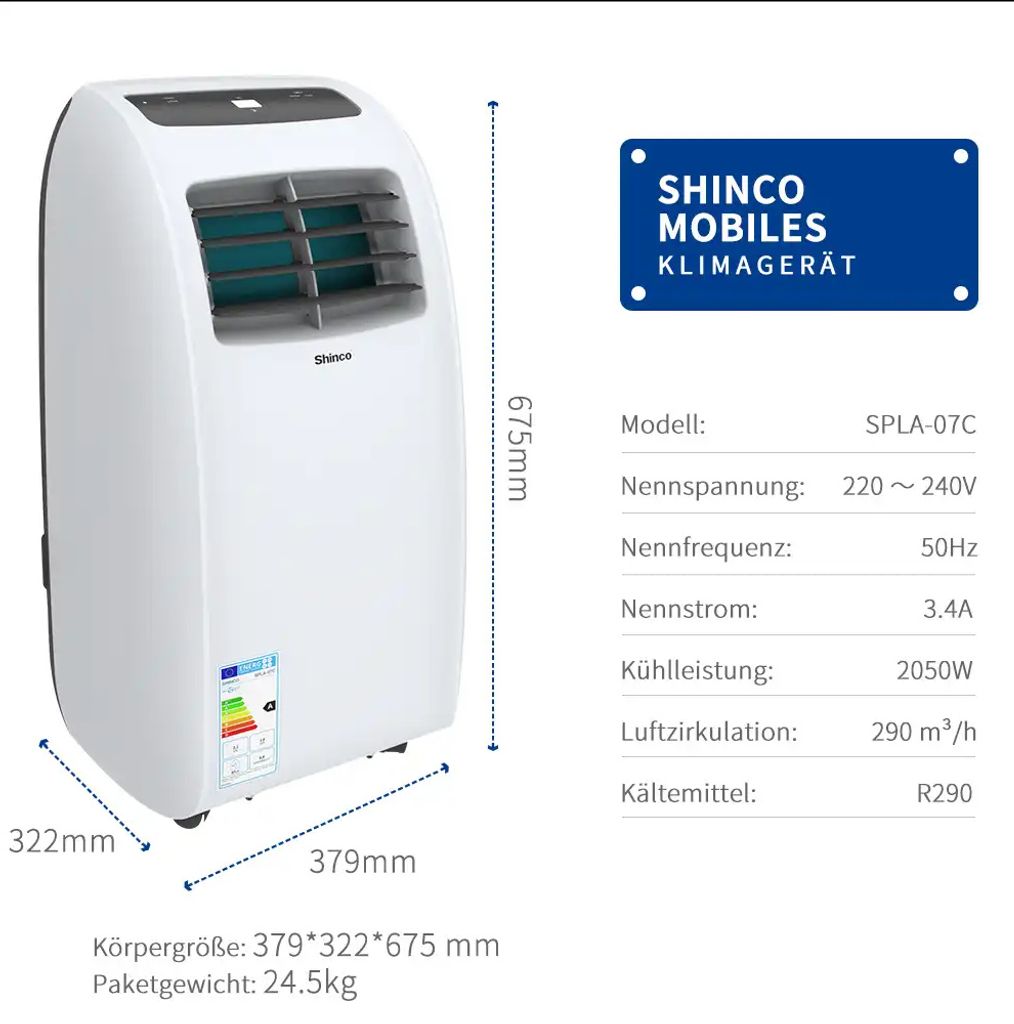 3 in 1 Mobiles Klimagerät Kühlung Entfeuchtung und Ventilationsfunktion R290 LED 