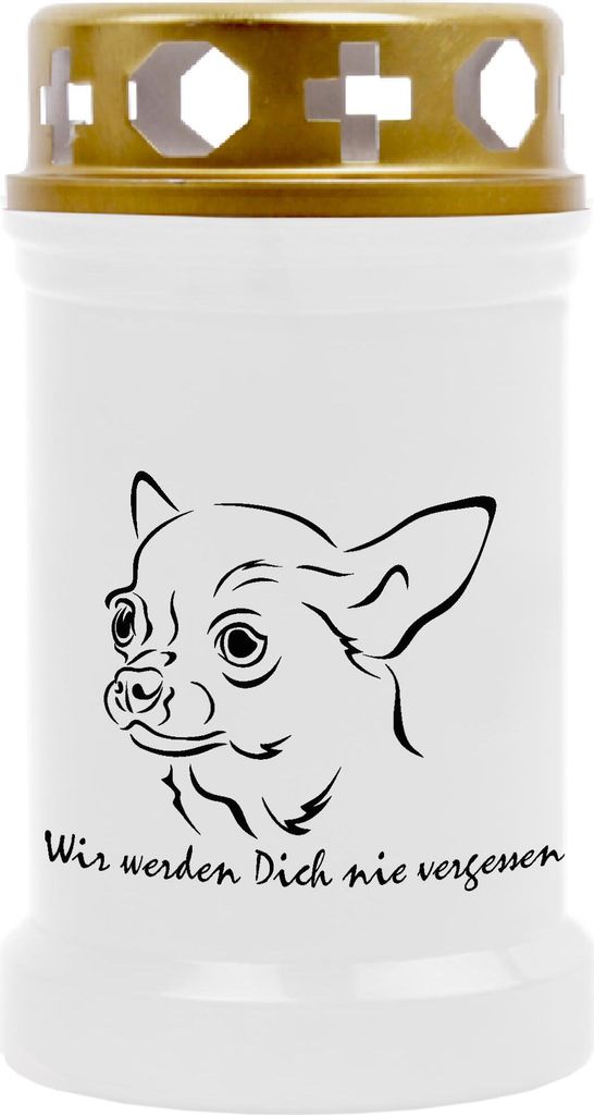 Grabkerze Weiß, Brenndauer: 40 Stunden, Motiv: Chihuahua