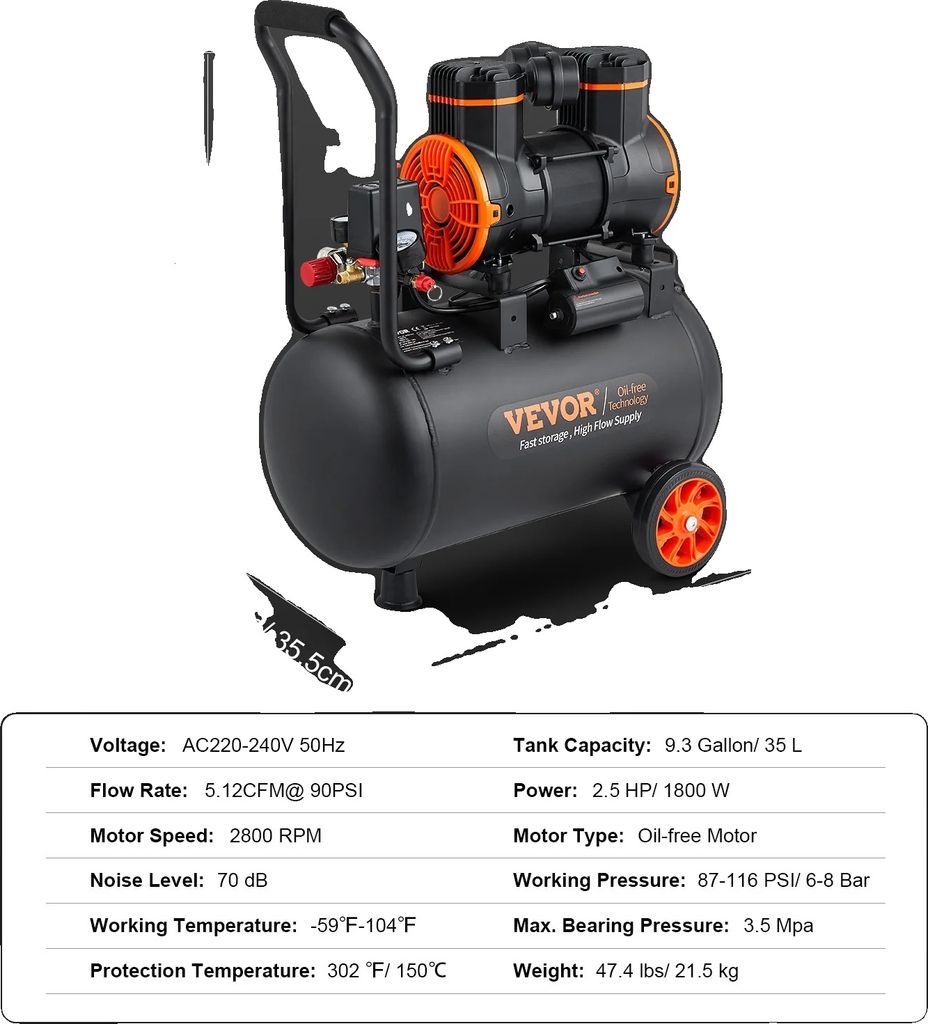 VEVOR Silent Air Compressor, 9,3 Gallonen Kapazität, 2,5 PS Leistung, 35L 1800W, 35L 1800W