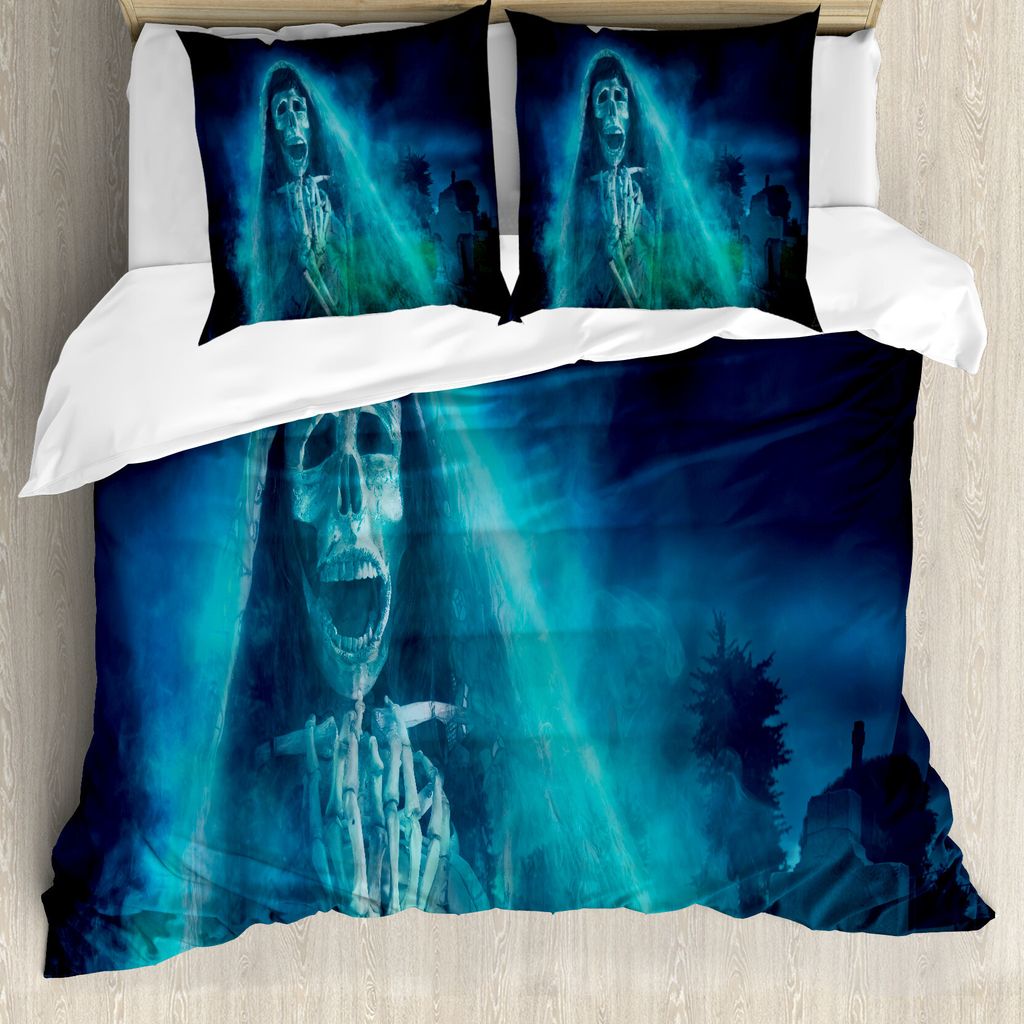 ABAKUHAUS Halloween Bettbezug, Gothic Geist, Milbensicher Allergiker geeignet mit Kissenbezügen, 200 cm x 200 cm - 80 x 80 cm, Blau