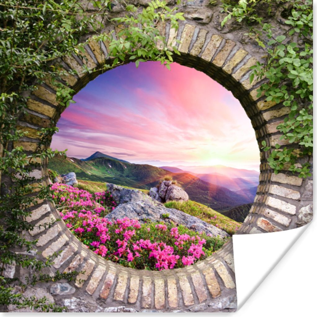 MuchoWow Poster Landschaft - Blumen - Aussicht - Berg 75x75 cm - Wand Dekoration