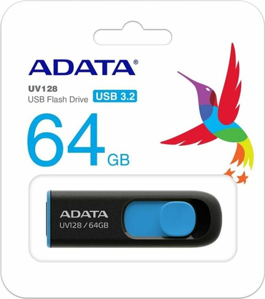 ADATA 64GB DashDrive UV128, 64 GB, USB 3.0, Slide, 21 mm, 69 mm, 9 mm