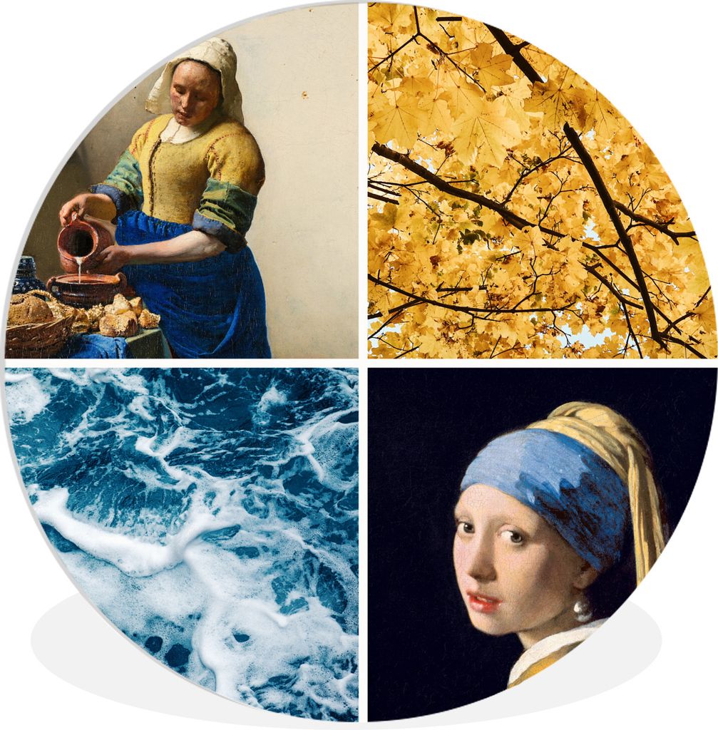 MuchoWow Rundes Wandbild - Runde Bilder Milchmädchen - Mädchen mit Perlenohrring - Collage Ø 30 cm Kreis Wanddekoration Kunststoff - Wandkreis...