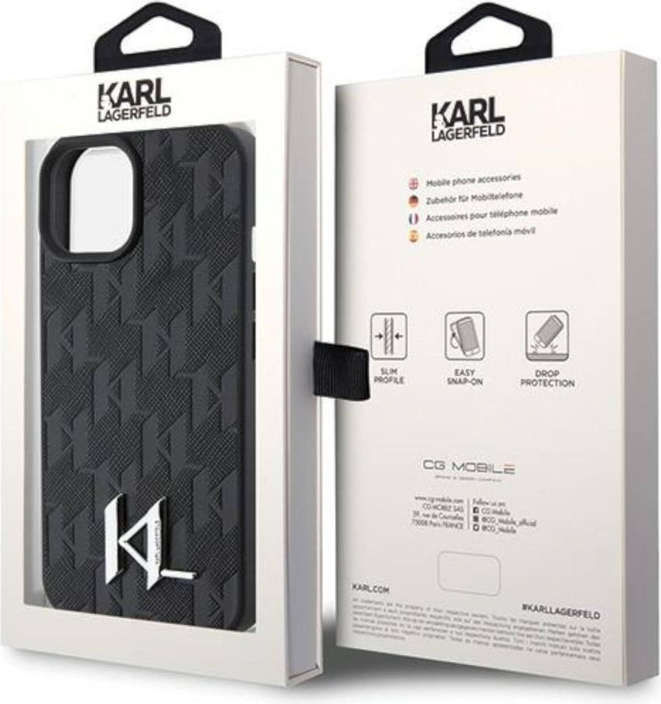Karl Lagerfeld KLHCP15LPKLPKLK - Cover Cellulare Protezione Custodia Rigida per iPhone 15 Pro 6.1'', in Pelle, con Logo Hot Stamp Metal