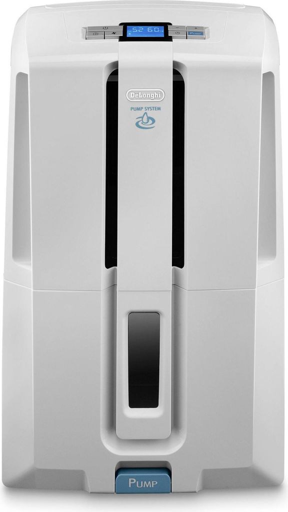 Front view of a white dehumidifier with a blue control panel and a blue pump button.