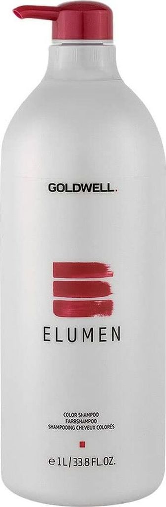 A white bottle of Goldwell Elumen Color Shampoo with a red pump dispenser.